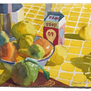 Fruit and Box on Yellow Cloth