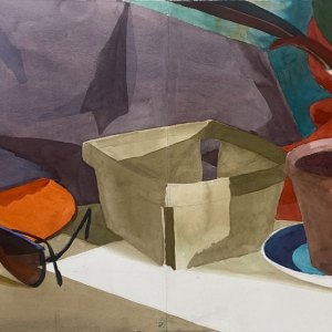 Still Life Orange Plate, Shades and Berry Box