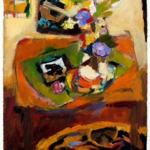 Orange Table, Green Cloth with Flowers