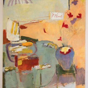 Gray Table with Red Flowers