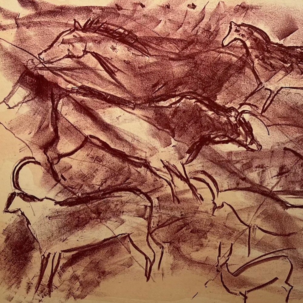 In 1983 de Kooning visited the Paleolithic caves in Lascaux, France, and began a series of paintings based on cave paintings, she also made a number of works on paper with ink, continuing the theme of cave walls. 