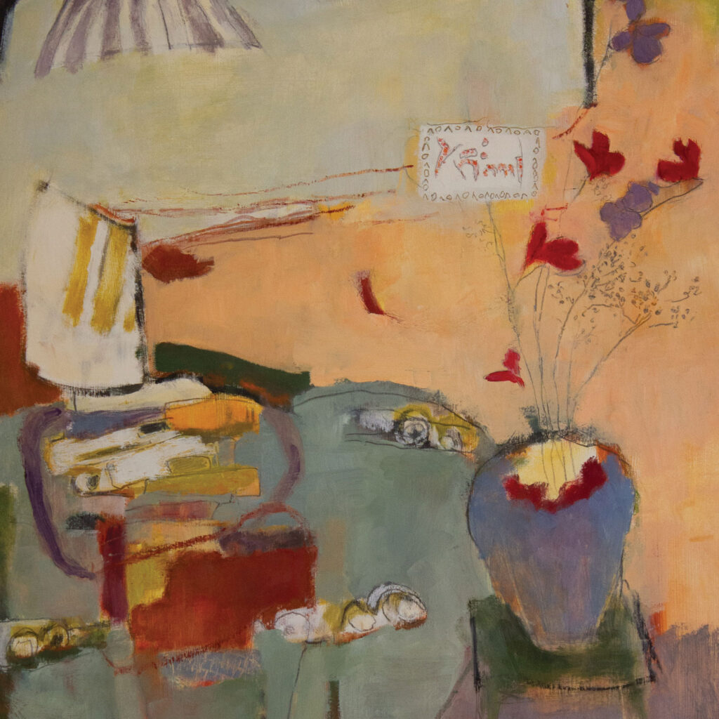 Our main gallery is adorned with Rona Lee Cohen's calming, colorful, domestic still life paintings. 