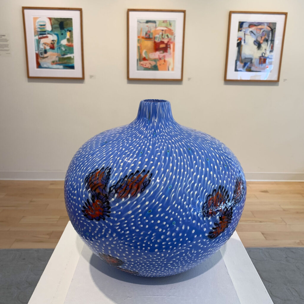 On view in the gallery is the beautiful hand-blown glass created by local artist, Josh Bernbaum. There is a large selection of his vessels, including his newest work,