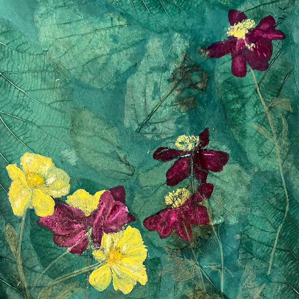 This mixed-media monoprint is part of a new series of work made with botanicals collected from places around the country that Schmidt has deep familial connection to. The